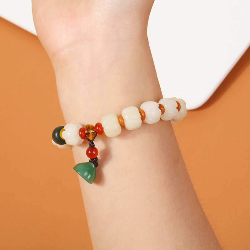 White Jade Bodhi Root Carved Pumpkin Beads Bracelet