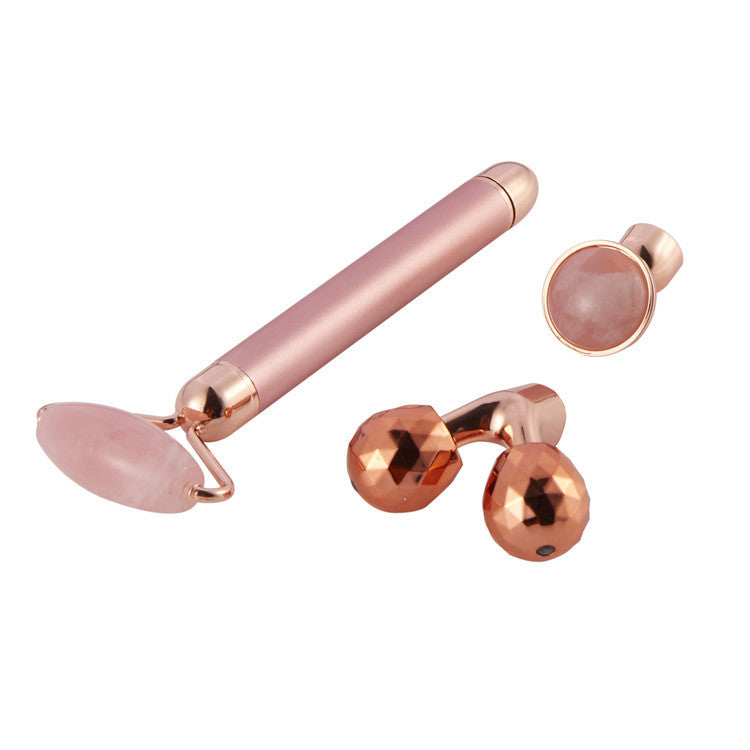 3 In 1 Vibrating Facial Jade Roller Set Rose Quartz