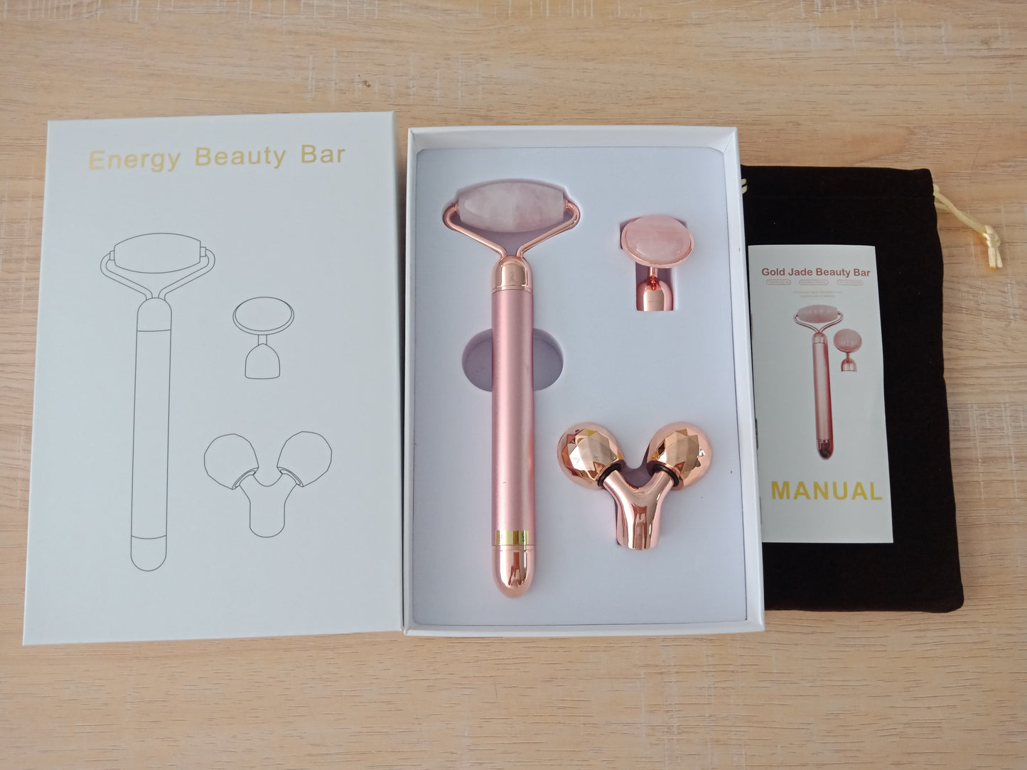 3 In 1 Vibrating Facial Jade Roller Set Rose Quartz