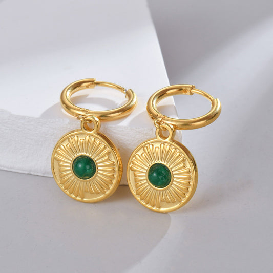European And American INS Style Natural Stone Inlaid Emerald Eardrops