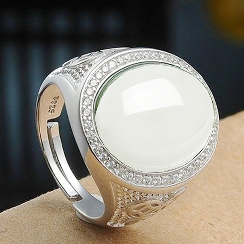 Big Oval Egg Face White Jade Coin Ring
