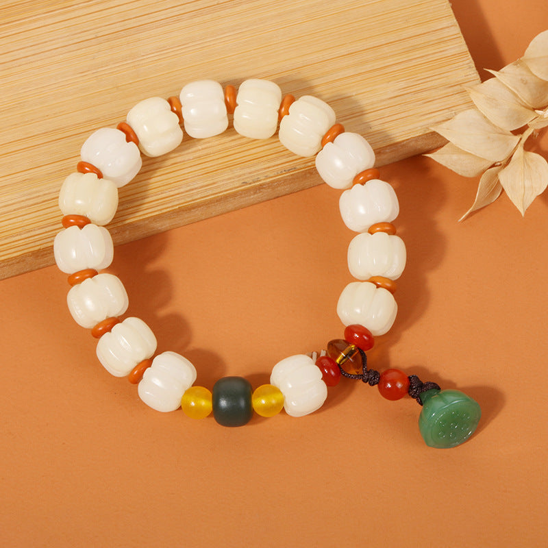White Jade Bodhi Root Carved Pumpkin Beads Bracelet