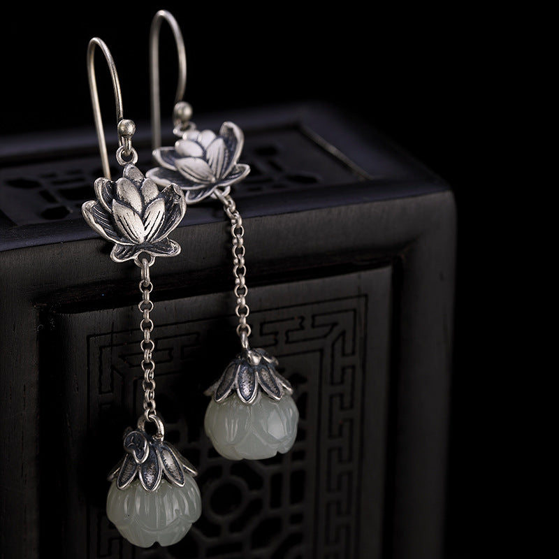 Retro Natural Hetian Jade White Jade Lotus Personality Women's Earrings