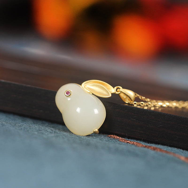 Silver-plated Lovely Temperament Jade Rabbit Girl And Tian Jade Pendant Set