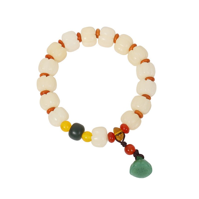 White Jade Bodhi Root Carved Pumpkin Beads Bracelet