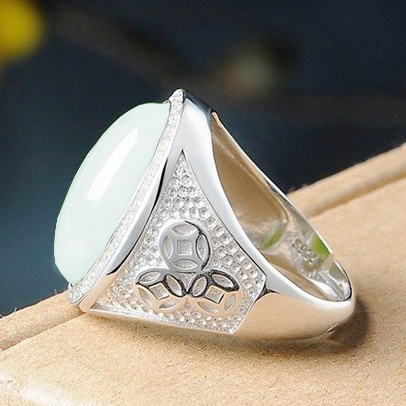 Big Oval Egg Face White Jade Coin Ring