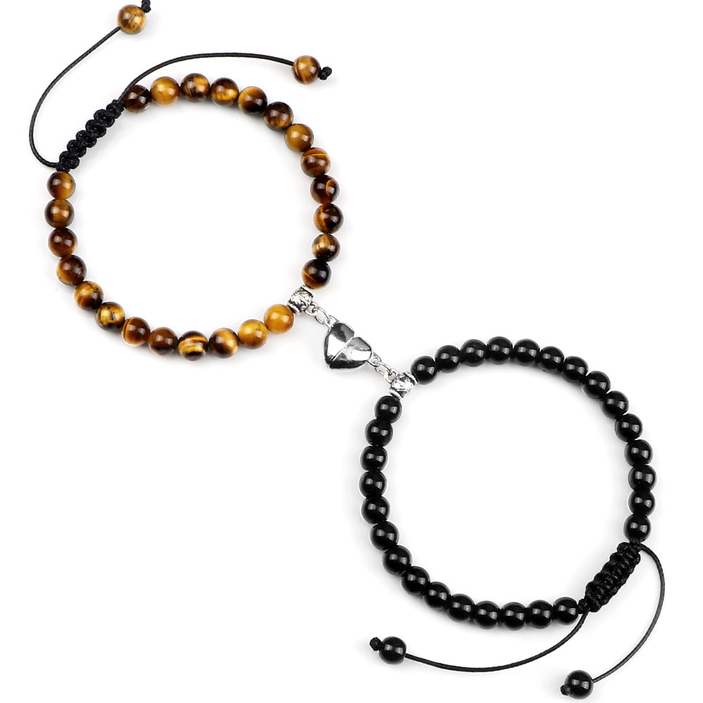 Heart-shaped Magnet Suction Black Frosted Stone Couple Bracelet