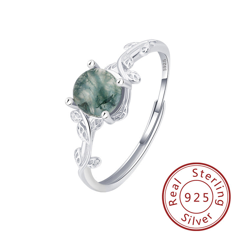 S925 Silver Green Moss Ring Water Plants Agate Stone