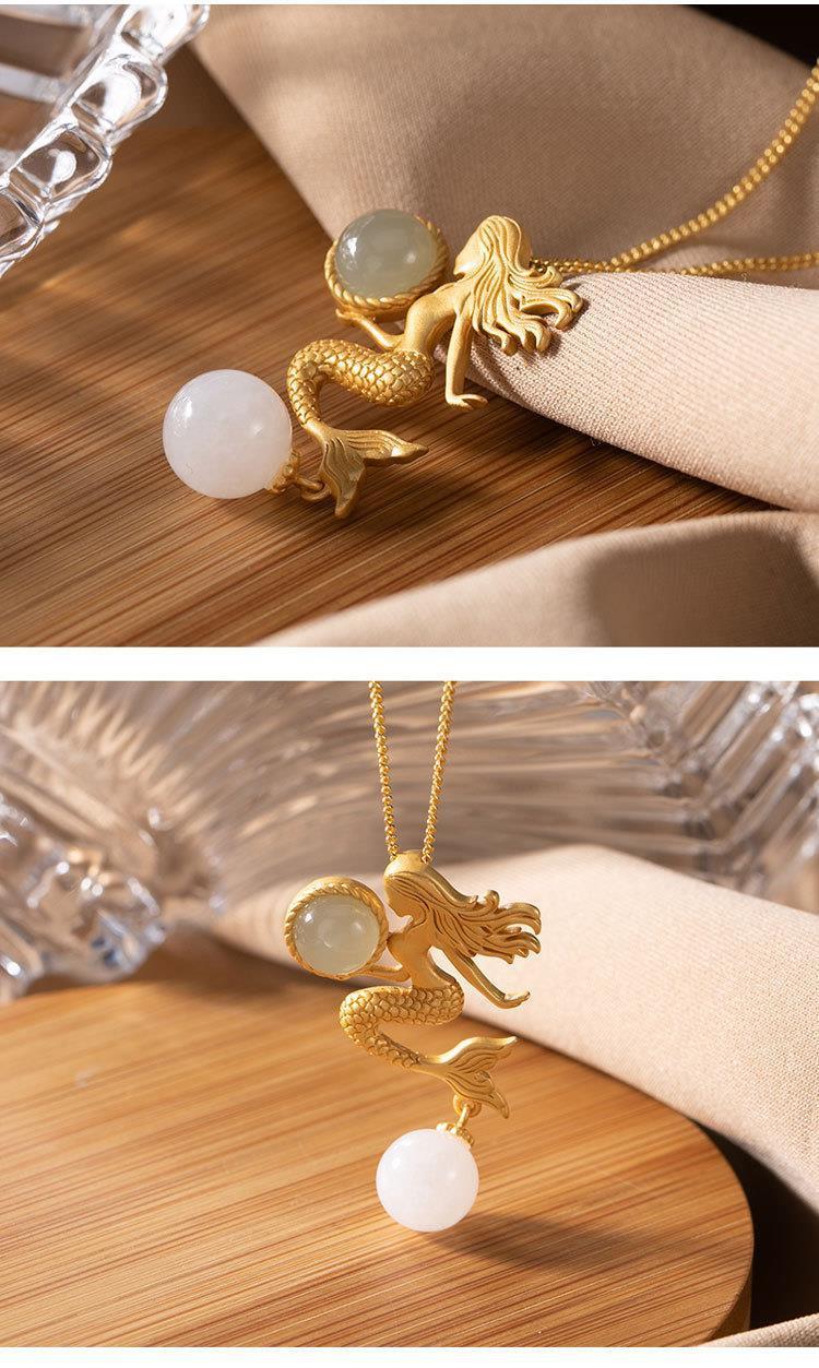 Sterling Silver Hetian Jade Vintage Court Mermaid Lady Pendant