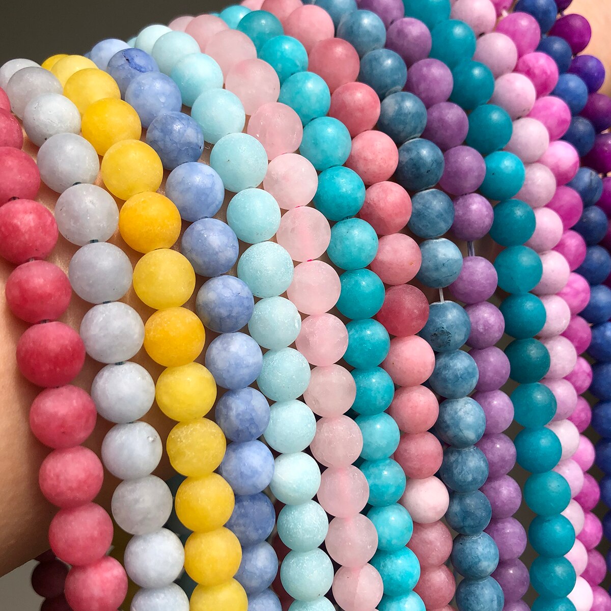 Matte Blue Pink Jades Beads Natural Stone Frost Round