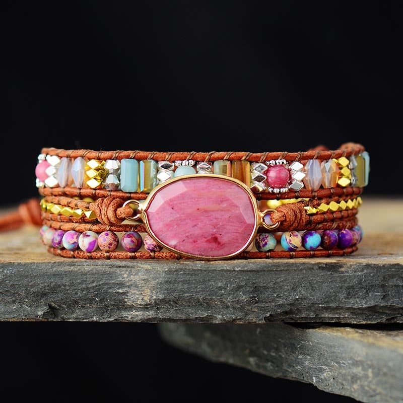 Leather Wrap Bracelet W/ Stones Multi Color Beads