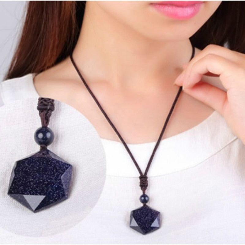 Black Obsidian Six Awn Star Pendant Necklace