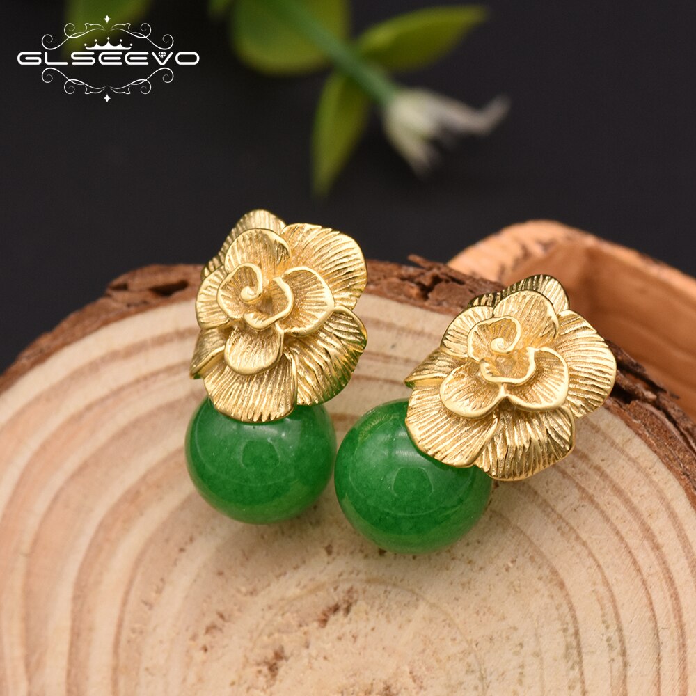 Ear Pin Natural Round Jade Drop Earrings For Women