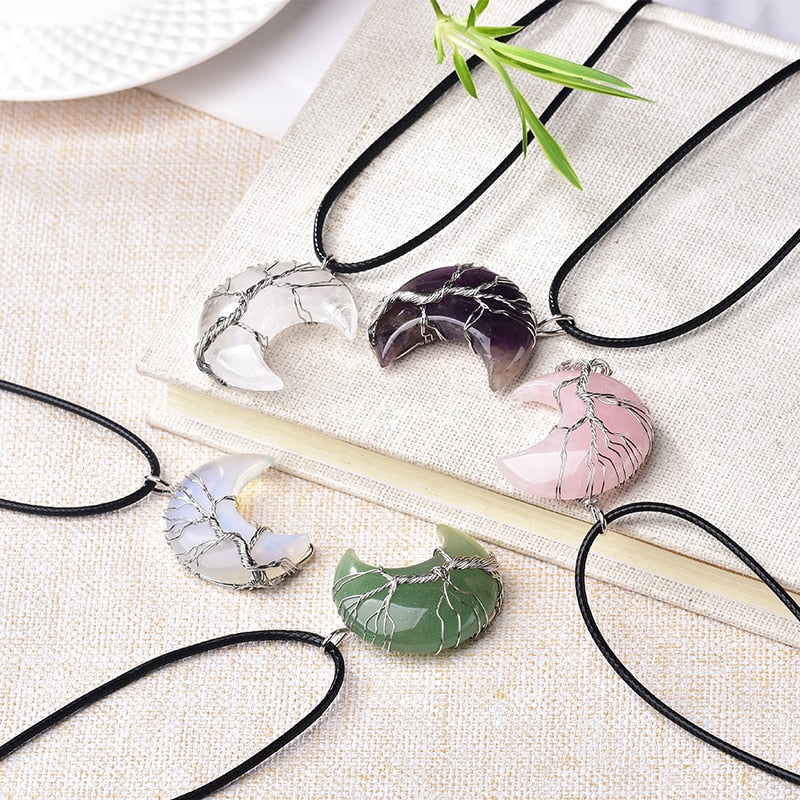 Crystal Pendant Tree Of Life Moon Shape Stone Quartz