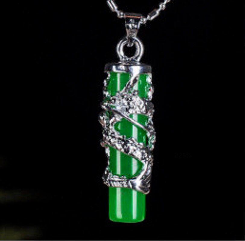 Natural Green Jade Dragon Pillar Pendant Necklace