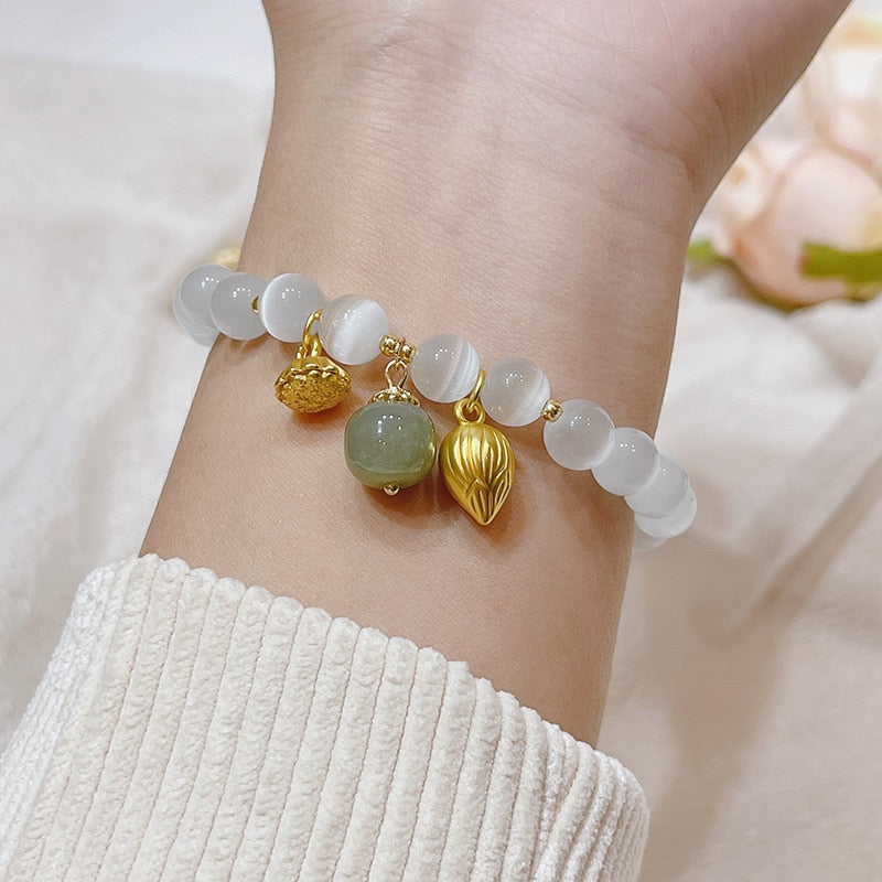 Gold Filled Lotus Natural Hetian Jade Bracelets