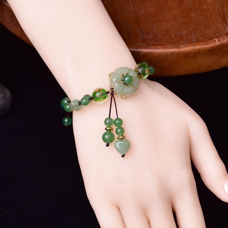 Retro Natural Green Jade Flower Bracelet Charm