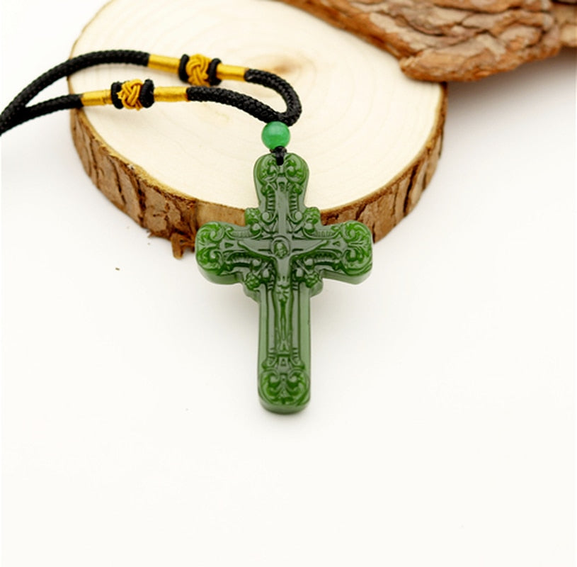 Green Jade Cross Jesus Carved Pendant