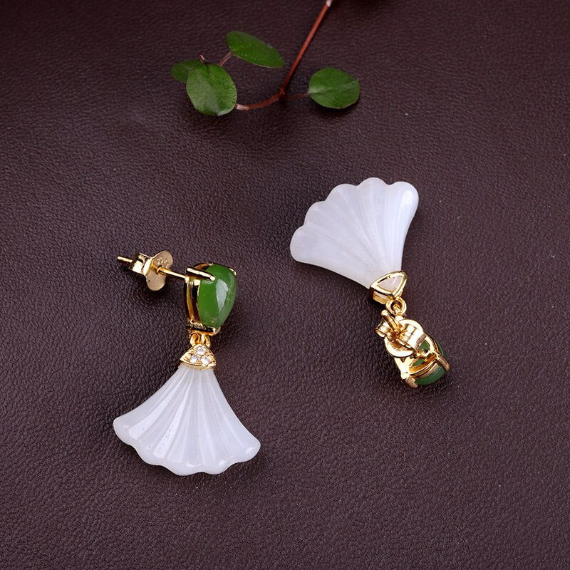 Silver inlaid natural Hetian white jade fan Earrings