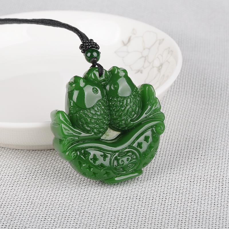 Chinese Natural Green Jade Double Carp Pendant