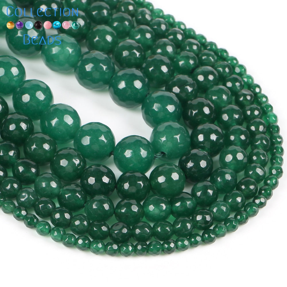 Natural Stone Faceted Green Jades Round Beads