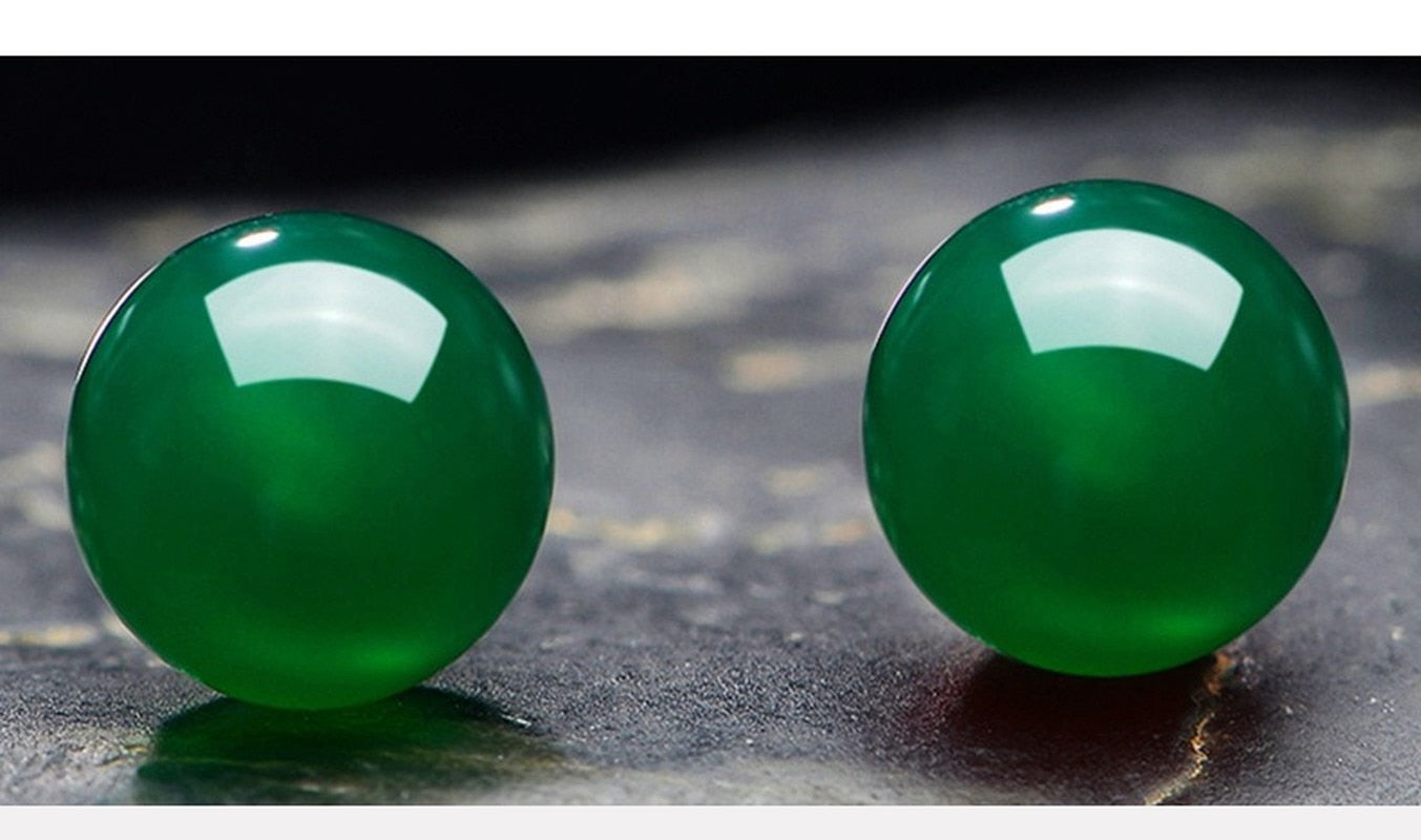 Natural Green Jade Chalcedony Round Earrings