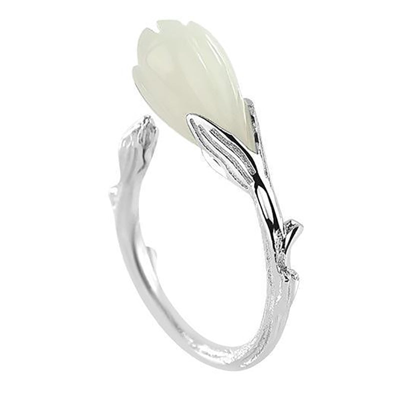 Sterling Silver Natural Hetian Jade Lotus Ring