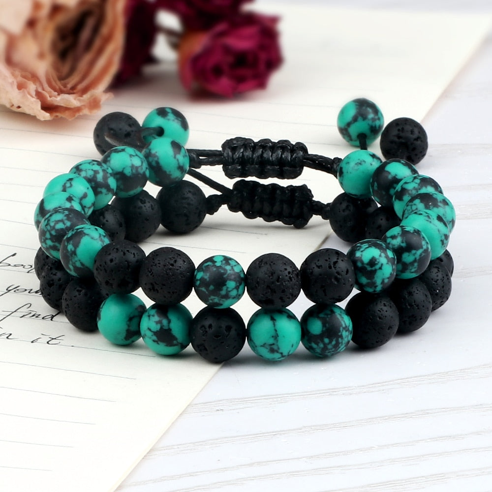 Fashion 8MM Natural Stone Couple Bracelet Black Blue