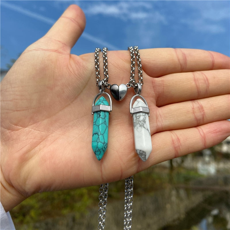 Magnetic Heart Couple Necklace Natural Quartz