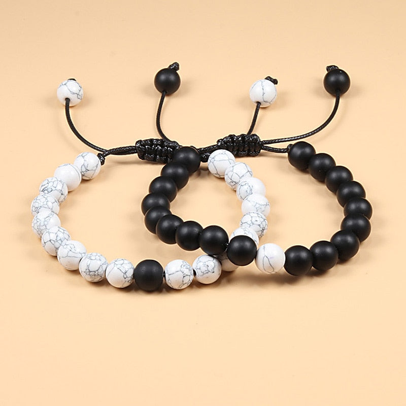 Braided Rope Couple Set Bracelet Black White Beaded