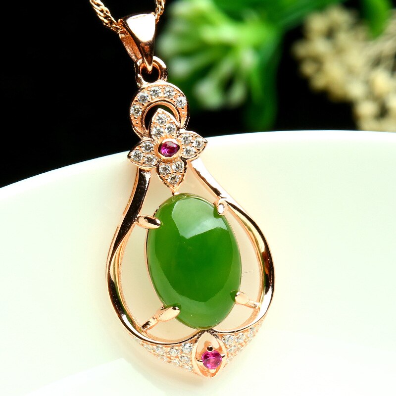 Real 18K Rose Gold Jade Necklace Pendant