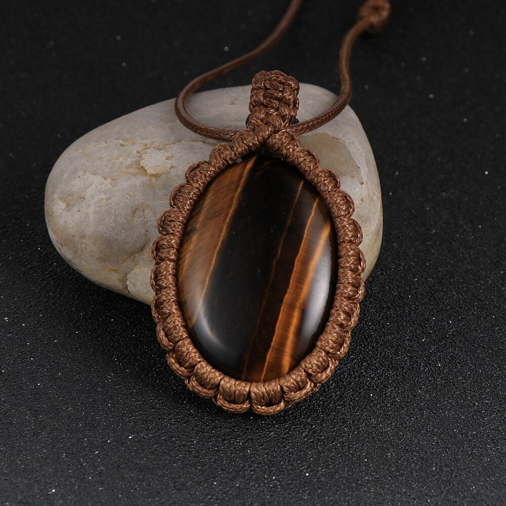 Women Men Natural Oval Gem Stone Necklace Crystal