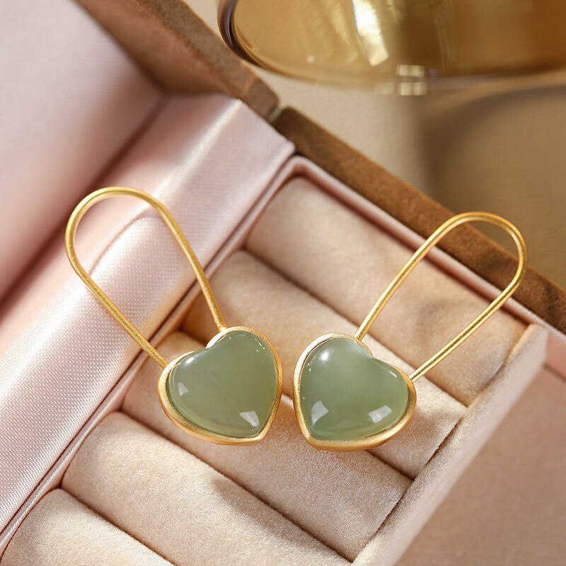 Hetian jade heart-shaped ear hooks retro romantic