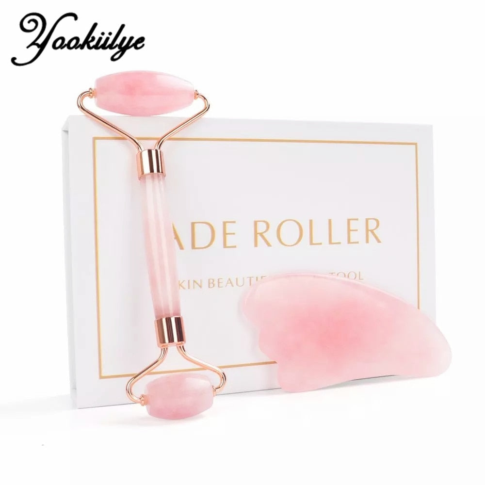 Facial Jade Roller Noiseless Rose Quartz Set Massager