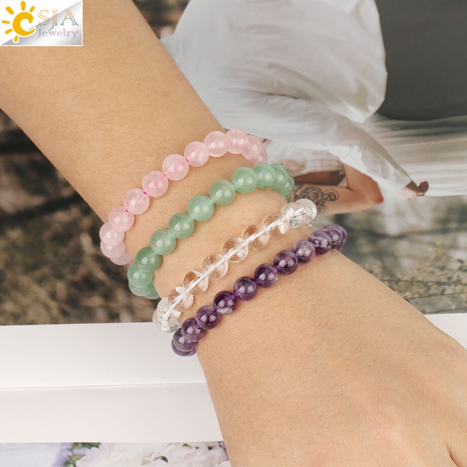 Natural Stone Elastic Bracelet Pink Quartz White