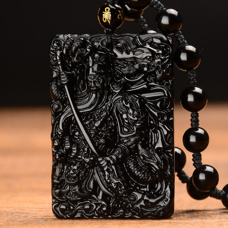 Natural Obsidian Guan Yu Mammon Pendant