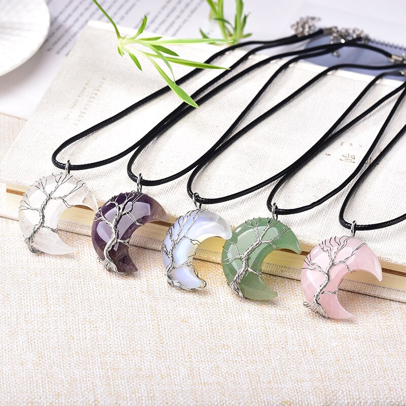 Crystal Pendant Tree Of Life Moon Shape Stone Quartz