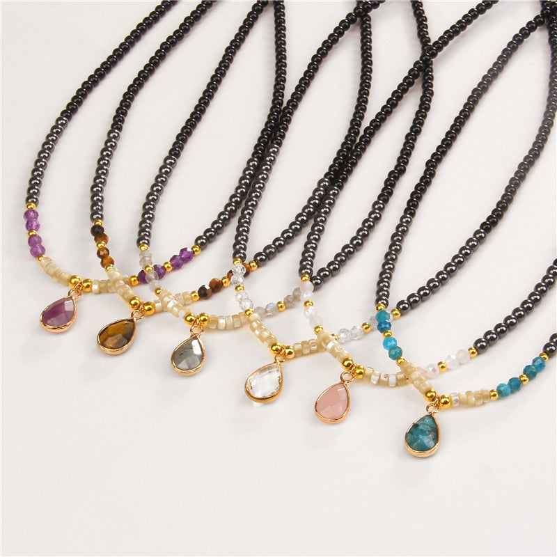 Drop Pendant Necklace Natural Quartz Stone Beaded