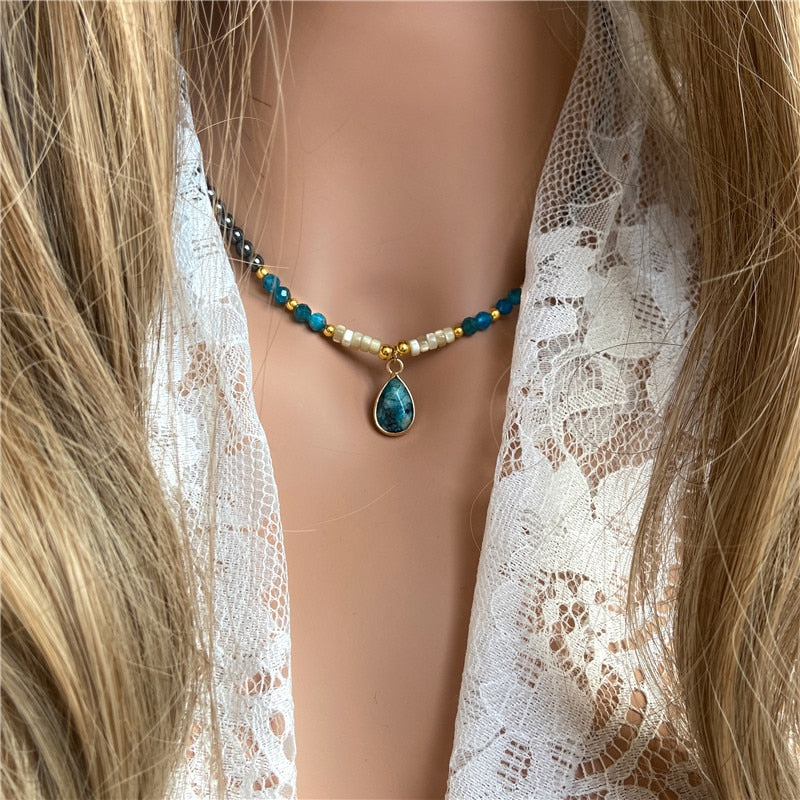 Drop Pendant Necklace Natural Quartz Stone Beaded