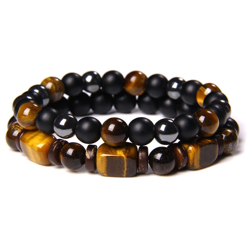 2 Chains Bracelet Set Men Vintage Stretch Bracelets