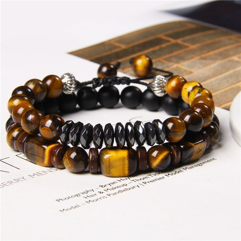 2 Chains Bracelet Set Men Vintage Stretch Bracelets