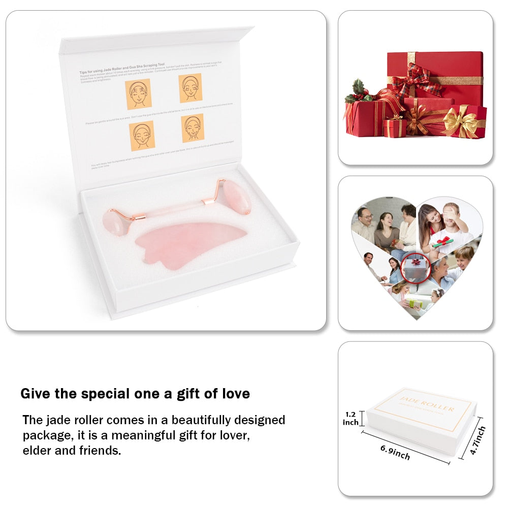 Facial Jade Roller Noiseless Rose Quartz Set Massager