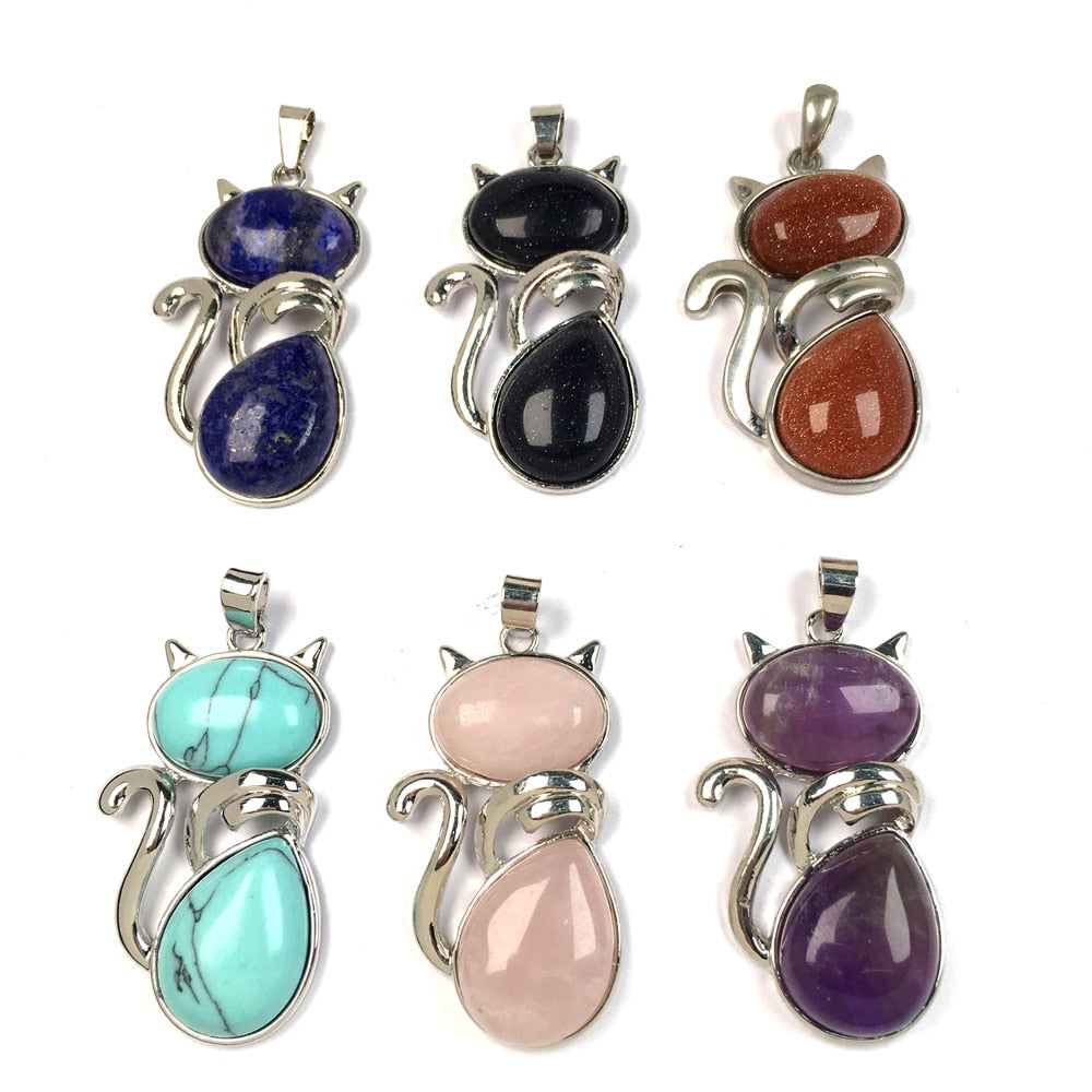 Natural Stones Cat Shape Flat Bead Pendant Cute