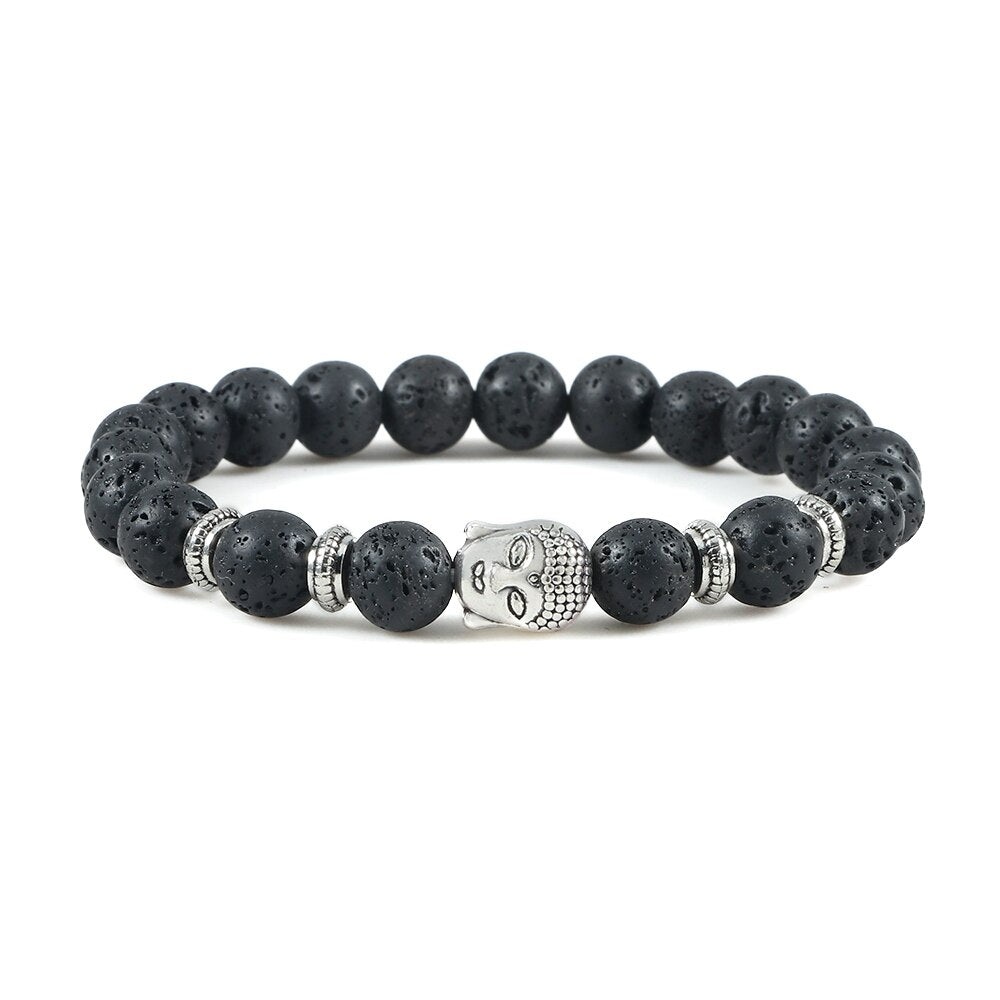 Buddha Head Bracelet Natural Onyx Lava Beads Bangle