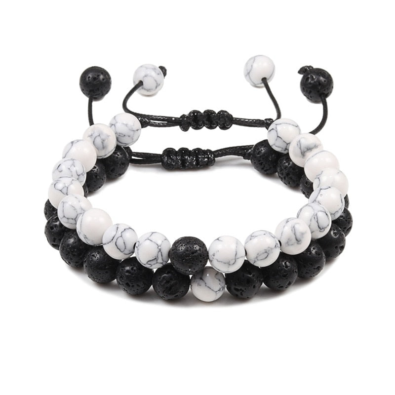 Braided Rope Couple Set Bracelet Black White Beaded