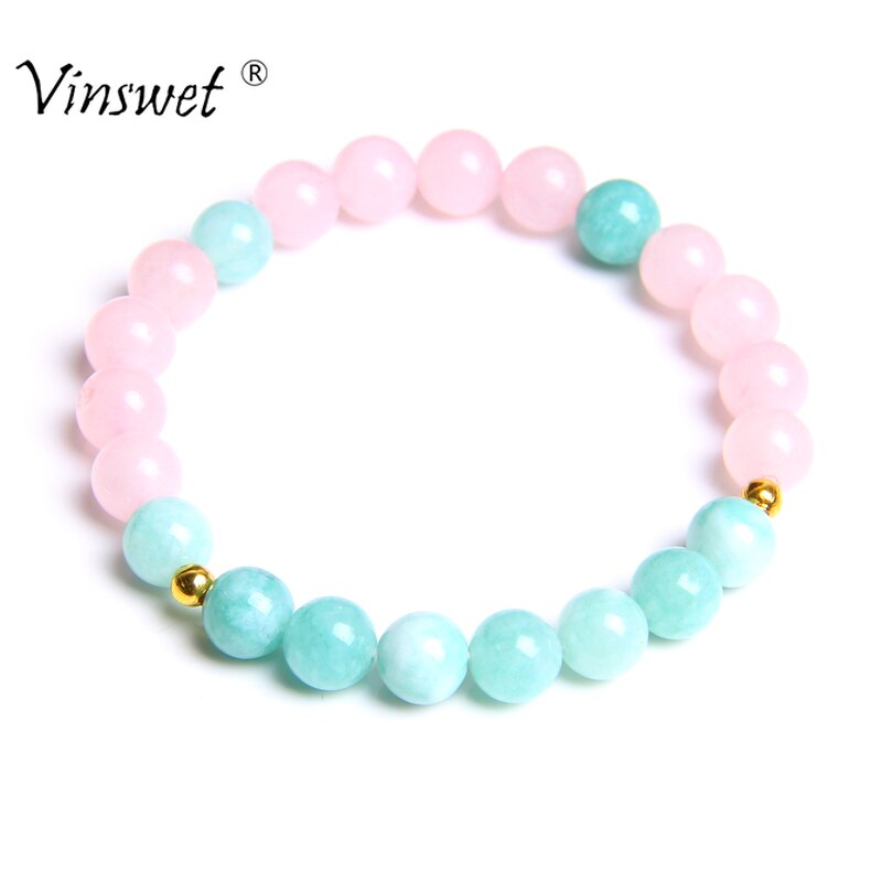 Women Elastic Bracelet Natural Pink Quartzs Stone