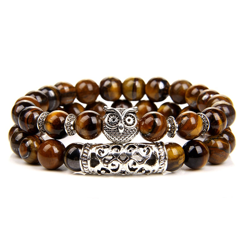 Owl Charm Bracelet Natural Stone Tiger Eye Lava