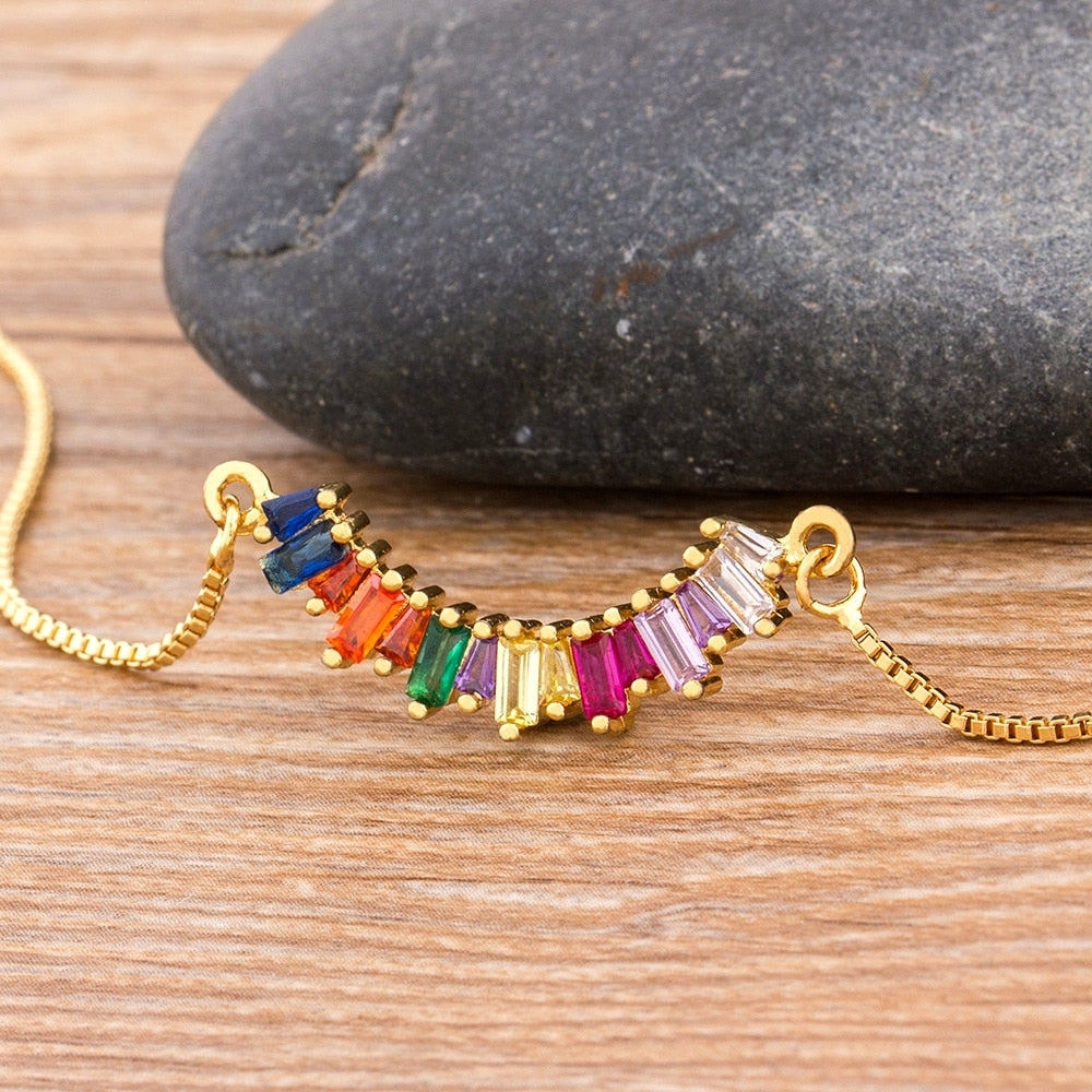 Rainbow Necklace Long Chain Zirconia Natural Stone