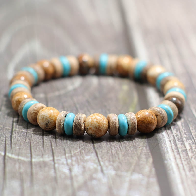 Vintage Wood Beaded Bracelet Mens Natural Lava