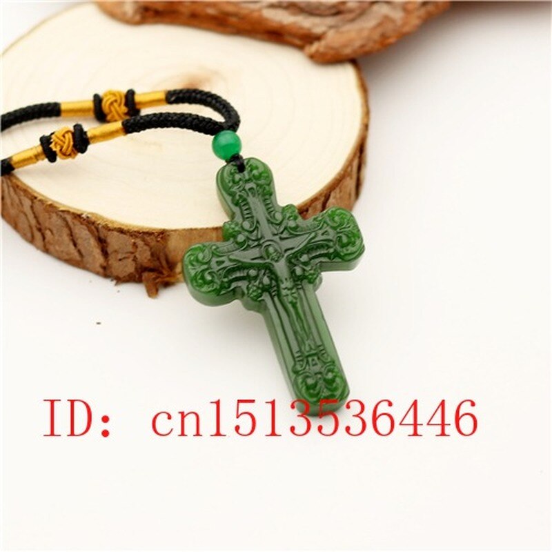 Green Jade Cross Jesus Carved Pendant